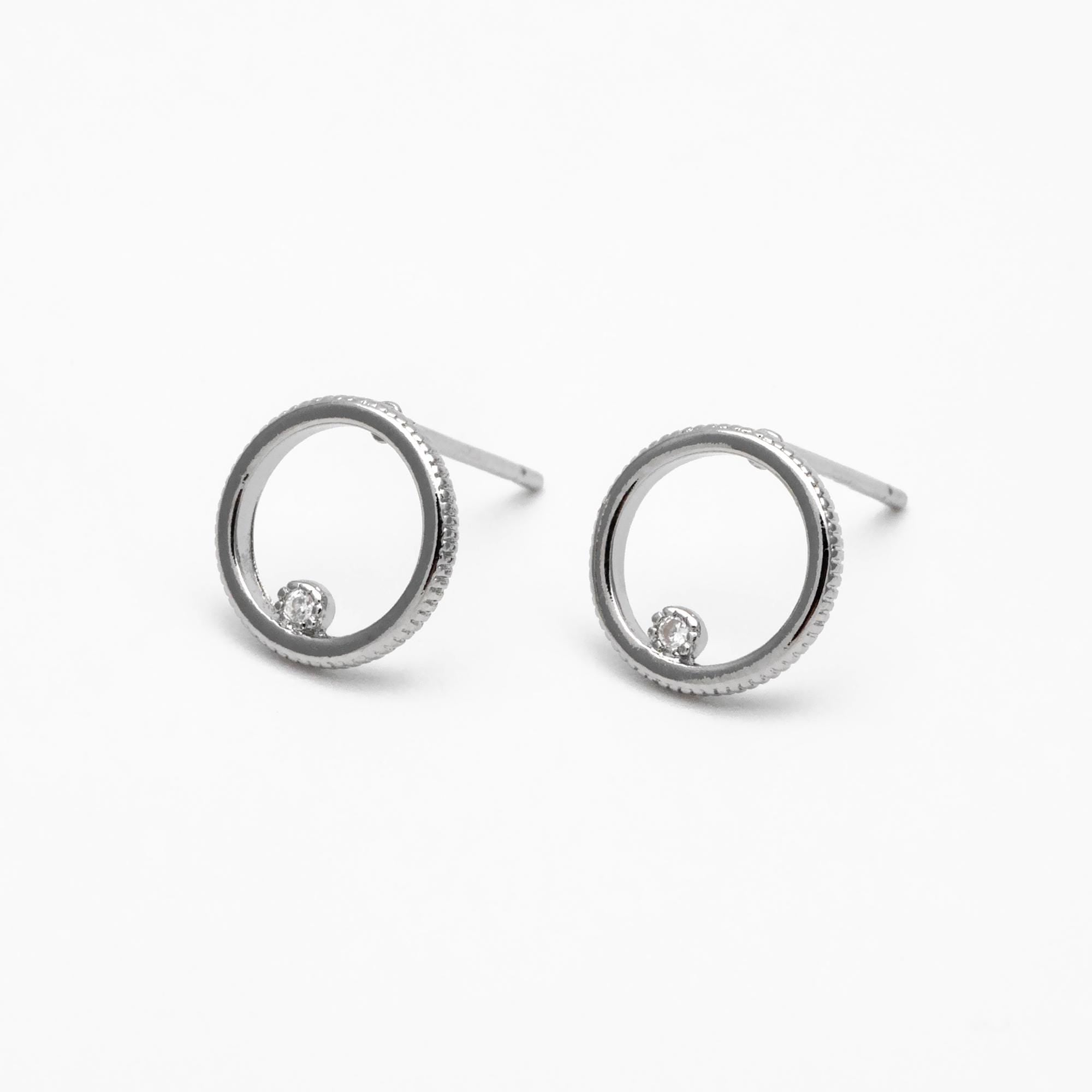 10pcs CZ Pave Circle Ear Posts 10mm, Real Gold/ Rhodium Plated Brass, Geometric Ring Stud Earrings (#GB-365)